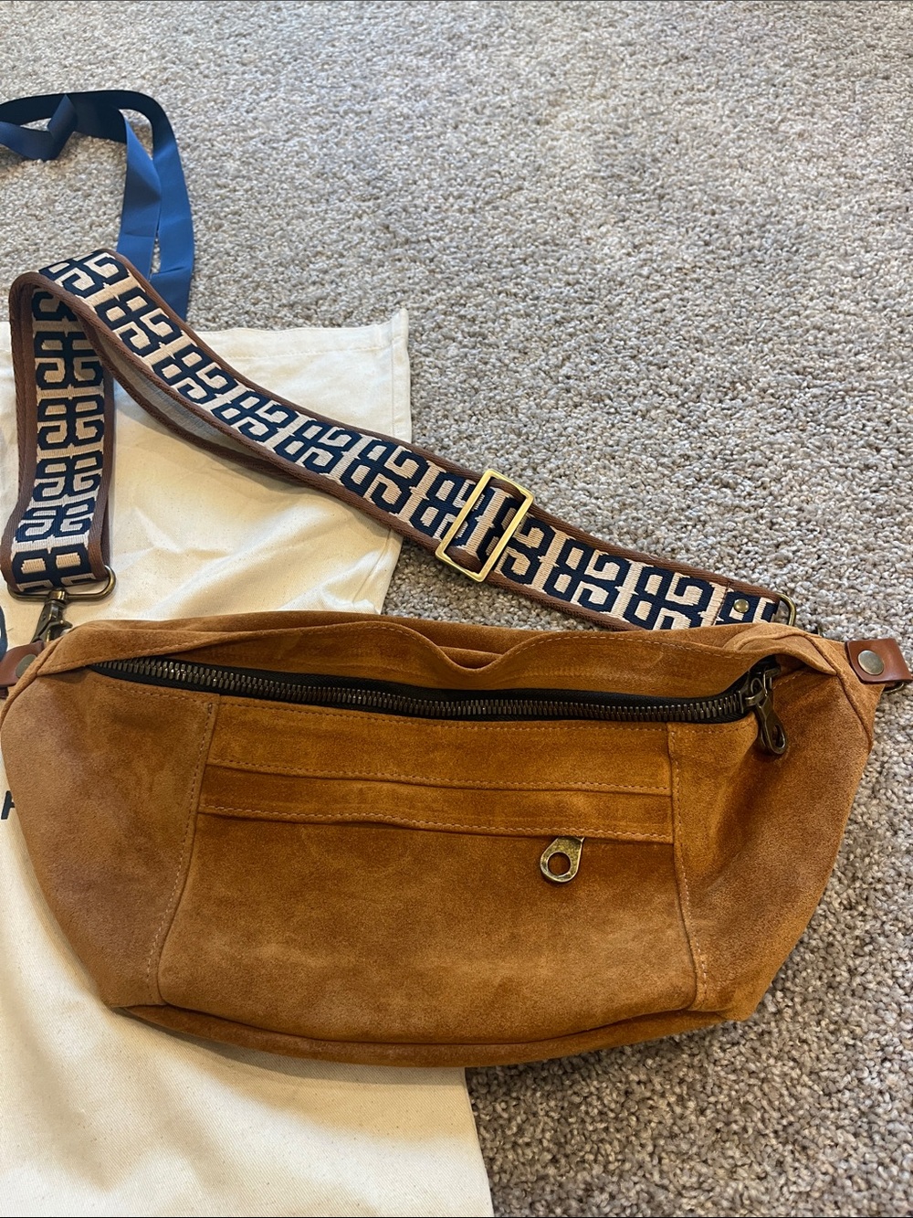 Parker Thatch caramel Suede Crossbody Belt Bag with Patterned Strap - Picture 3 of 7